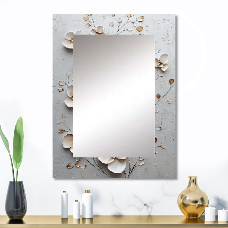 White And Gold Blooming Petunia'S Charm - Petunias Large Wall Mirror, Traditional Unique Mirror, Printed Metal Art, 32" x 24"
