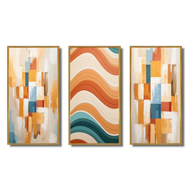 Beige Blue Colorful Retrovisions - 3 pièces, Cadre flottant doré, H 32 po x l 48 po