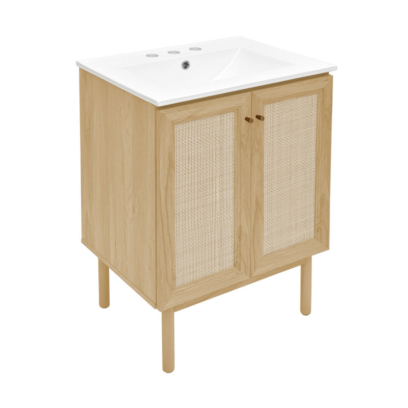  Classe 24" Freestanding Bathroom Vanity in Natural Oak with 3-Hole Centerset Sink Top, Glossy White, 4" Centerset