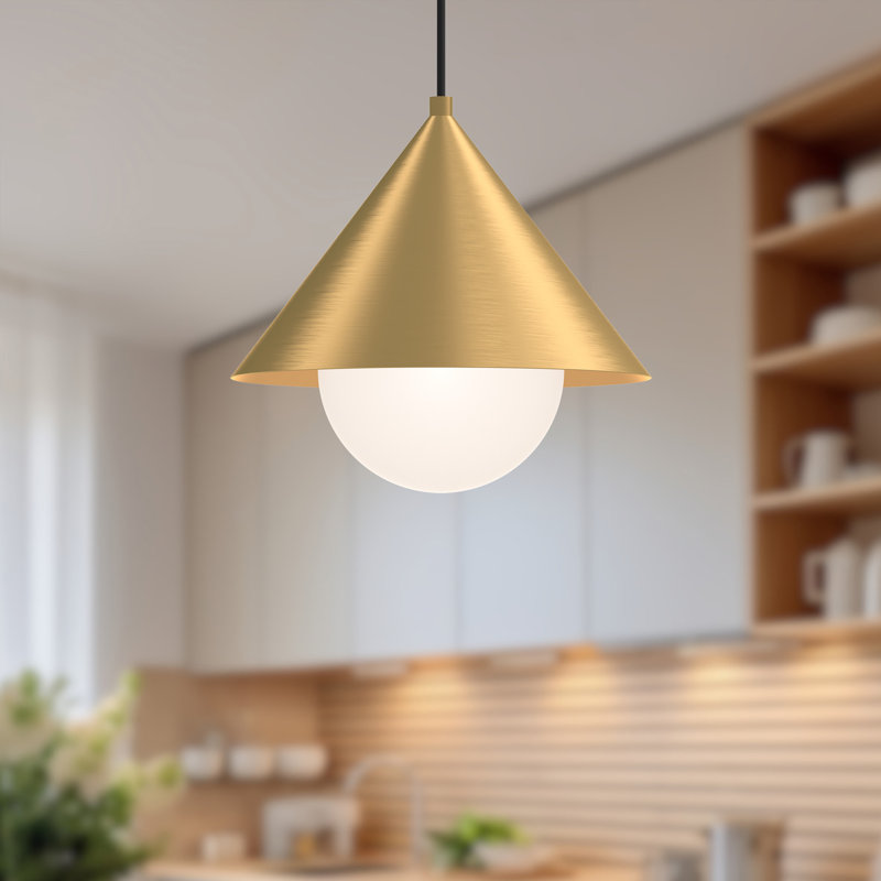 Luminaire suspendu conique 1 lumière Ireland, Or brossé / verre opale
