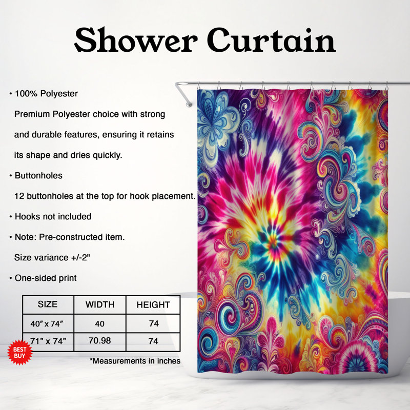 Rideau de douche 1 pièce Color Tie-Dye, H 74 po x l 71 po