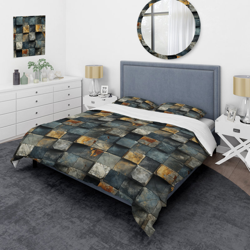 Ensemble de housse de couette rayé Grey Cubic Striped Wall Pattern II, Housse de couette pour grand lit et 2 taies décor