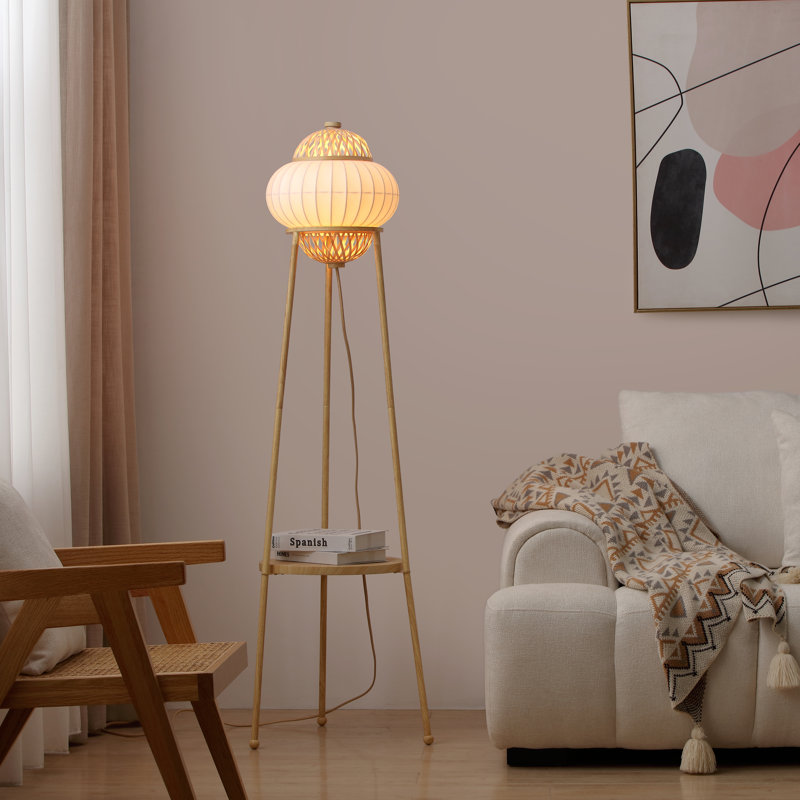 Hikari 57.88'' Boho Chic Floor Lamp With a Woven Bamboo + Silk Shade, And Storage Shelf