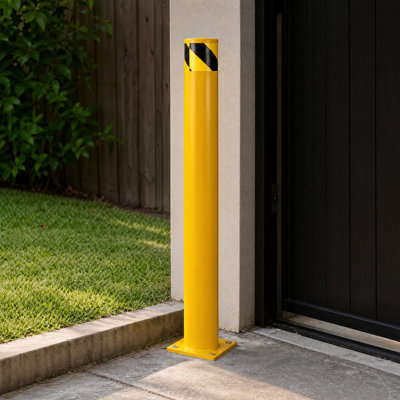 Borne de sécurité réfléchissante jaune en acier de 107 cm (42 pouces) avec plaque de base – Lot de 2 – Barrière de stationnement robuste pour allée, garage, entrepôt et quai de chargement – ​​Comprend des boulons d'ancrage pour usage industriel extérieur