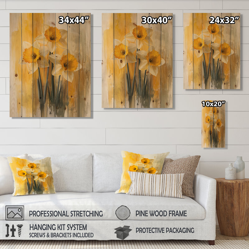 Silencieux jonquille minimaliste fleurs I - impression de jonquilles sur bois de pin naturel, H 44 po x l 34 po x P 0,78 po