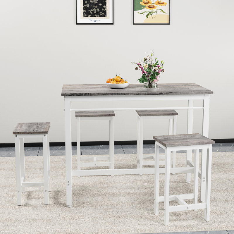 Table de salle à manger 5 pièces et quatre tabourets de bar, structure en métal, chêne blanc, peu encombrant, parfait pour le café