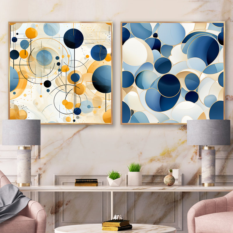 «Earthy Blue Cobalt» à motif géométrique - Formes abstraites, ensemble de 2 carrés, Cadre flottant doré, H 30 po x l 61 po