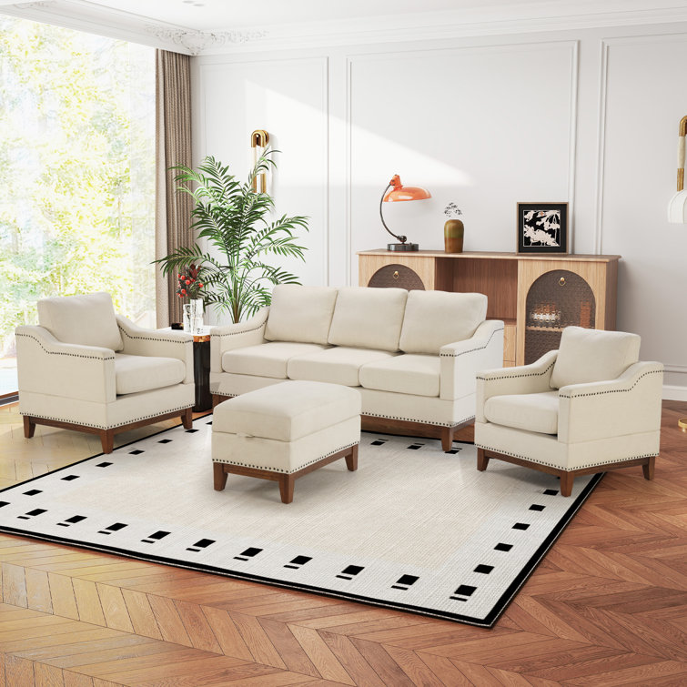 Edgell 4-Piece Classic Nailhead Trim Sofa Set With Multi-Functional Ottoman