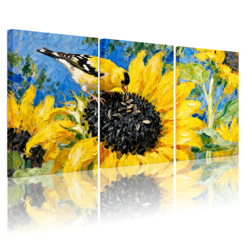 Oiseaux, tournesol, alimentation de la nature, ensemble de 3 impressions sur toile, H 18 po x l 36 po