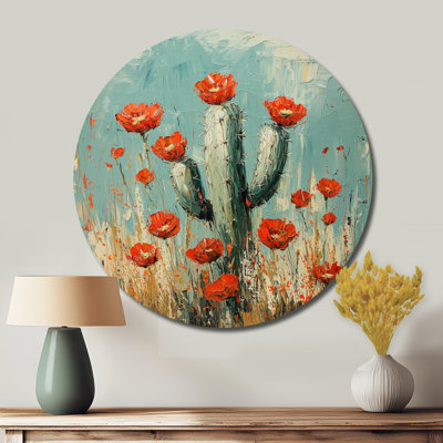 «Cactus and the Desert Blooms I», reproduction d'art traditionnelle rouge en métal, décoration murale ronde en métal Cactus