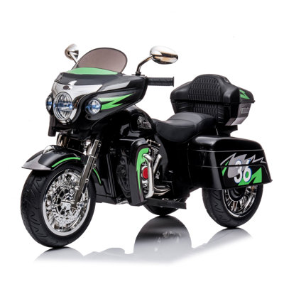 Moto électrique pour enfants, noire, batterie 12 V 4,5 Ah, deux moteurs 390, interrupteur à clé factice, indicateur de puissance, musique, connexion téléphonique sans fil, lumières DEL, grand coffre