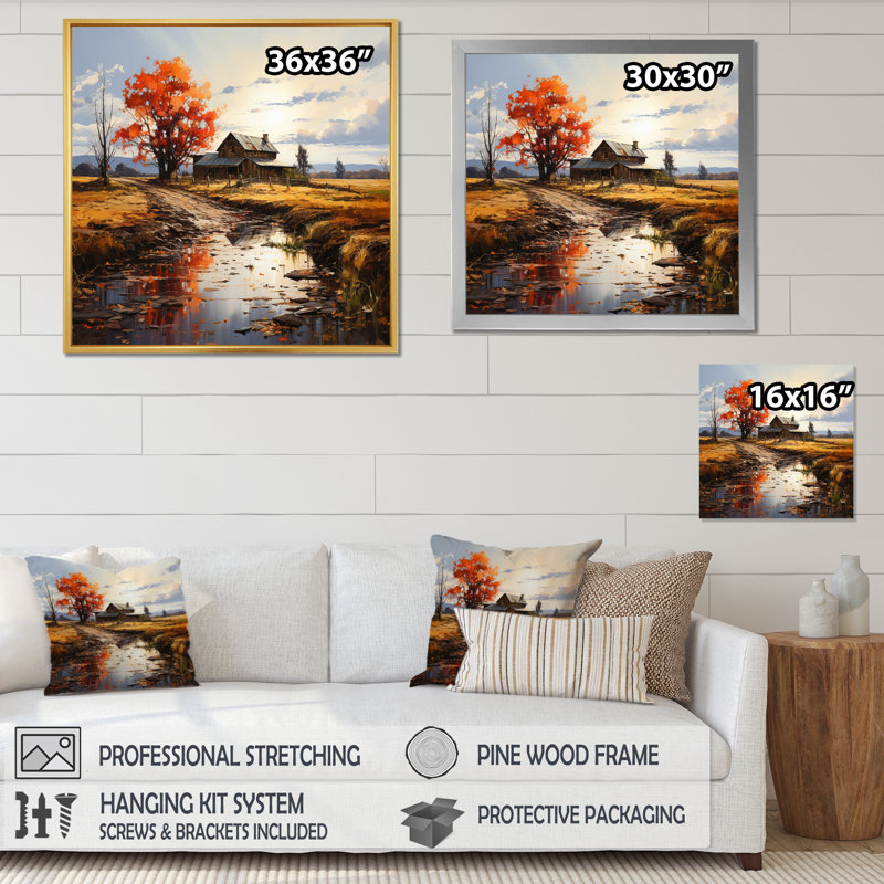Barns Autumn Horizons I sur impression sur toile, H 36 po x l 36 po x P 1,5 po, Cadre flottant doré