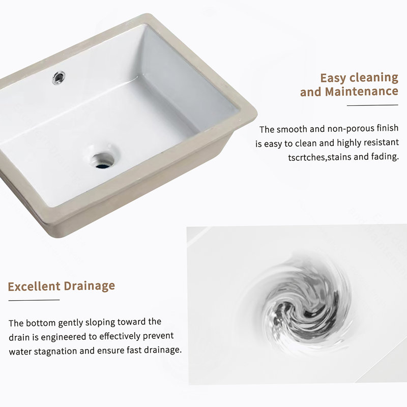 Lavabo de salle de bain encastré en porcelaine rectangulaire en céramique avec lavabo à débordement encastré sous le comptoir