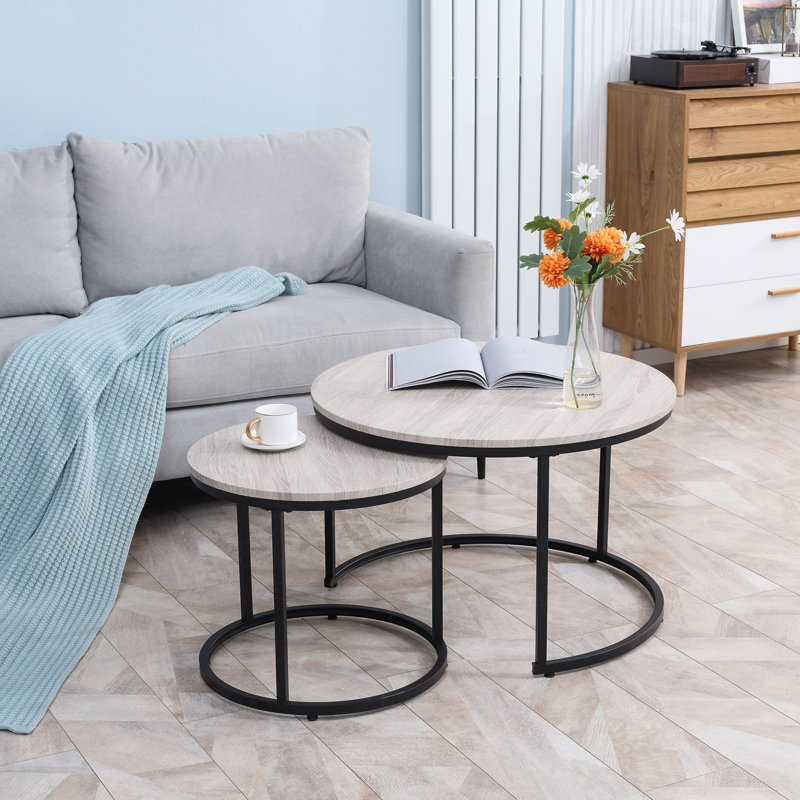 Round Nesting Tables Set of 2, Stacking Coffee Table Set with Metal Frame for Living Room