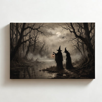 Deux sorcières dans une forêt brumeuse, peinture à l'huile gothique sur toile, décoration murale d'Halloween, 40 x 60 cm, idéale pour le salon ou la chambre.