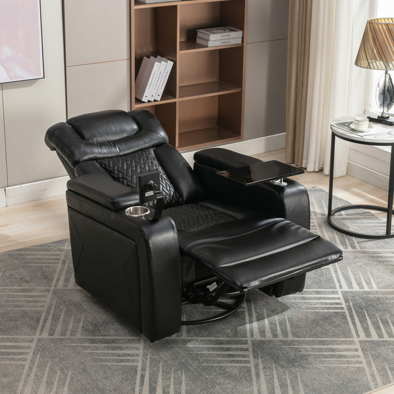270 Degree Swivel PU Leather Power Recliner Individual Seat Recliner With Tray Table,  Phone Holder, Cup Holder,  USB Port, Hidden Arm Storage For Living Room