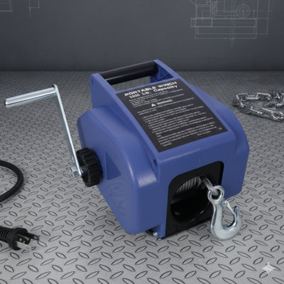 12V 3500-Pound Reversible Electric Trailer Winch, Suitable for Boats Up to 5000 Pounds, Features Galvanized Steel Wire Rope, Includes Extra Pulley Hook, Power-In and Power-Out Functionality, Manual Override Capability, Blue Plastic Housing
