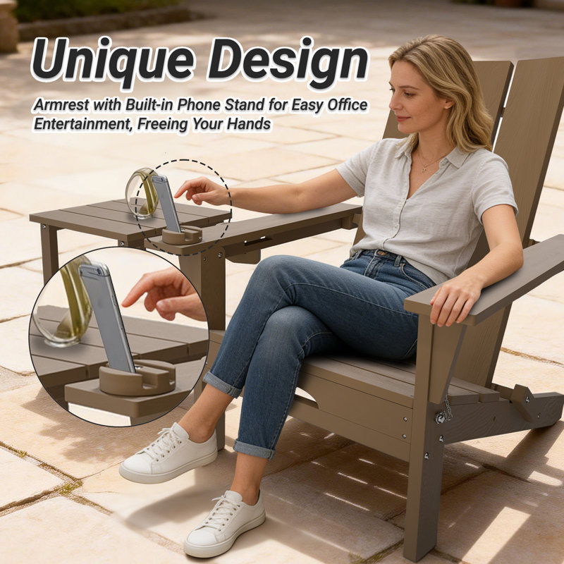 Maillet 2 Person Outdoor HDPE Folding Adirondack Chairs With Cell Phone Stand (Set Of 2), Brown, 2