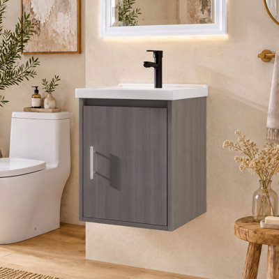 16" Floating Wall-Mounted Bathroom Vanity with Ceramic Sink, Plywood Cabinet & Soft-Close Doors for Small Bathrooms,Dark Gray