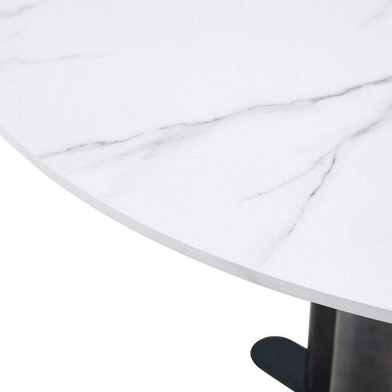 Table de salle à manger ronde en MDF à motif de marbre blanc, pieds dégradés noirs et blancs avec base en croix, table de cuisine compacte pour 2 à 4 personnes pour les petits espaces