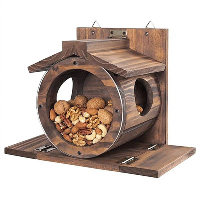 Mangeoire en bois massif brun pour écureuils et oiseaux, mangeoire extérieure grande capacité pour noix et pommes de pin, table à manger pour animaux avec fenêtre d'observation transparente et perchoirs double face, station d'alimentation en bois massif pour écureuils et mangeoire à épis de maïs.