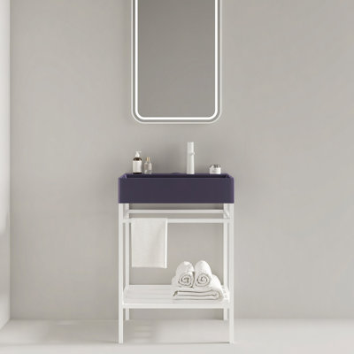 Meuble-lavabo de 24 po avec lavabo en céramique, ensemble de lavabo console sur pied, lavabo rectangulaire en céramique mauve brillant sans robinet, pieds en métal ouverts, tablettes de rangement