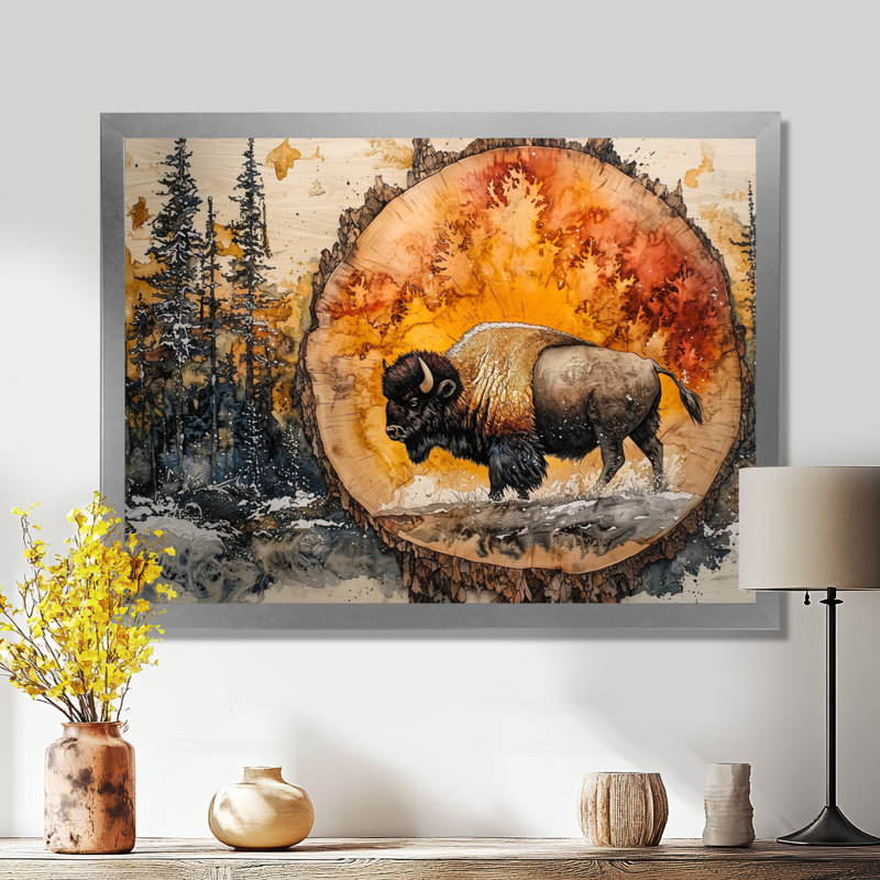 Bison américain dans une glissade en bois, paysage de forêt I - art mural grand bison, H 30 po x l 40 po, Cadre simple