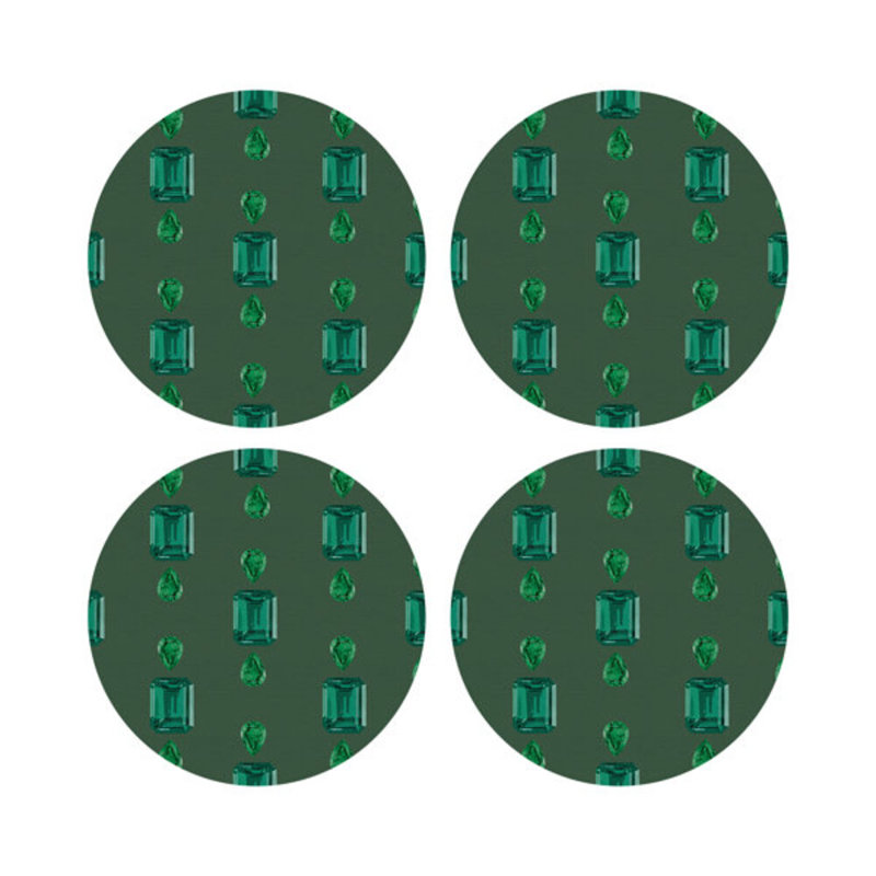 Gem Emeralds Gold Vegan Leather Round Coasters, Evergreen