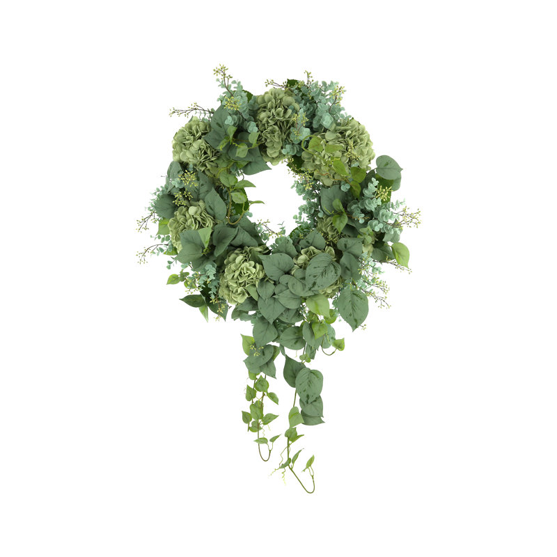 27" Wreath with Hanging Vines, Hydrangeas and Eucalyptus