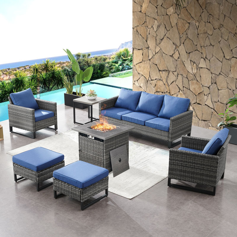 Ensemble de canapés d'extérieur en osier 7 pièces Naresa - 2 chaises, Bleu