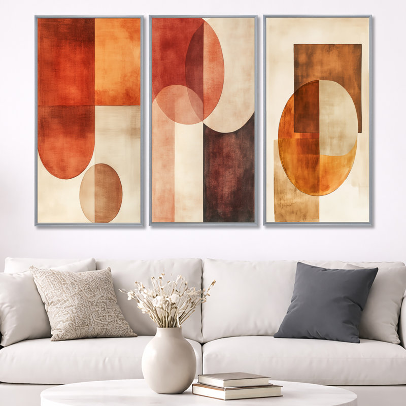 Terracotta Balance II - Décoration murale abstraite encadrée 3 pièces, 32" H x 48" W, Silver Floater Framed