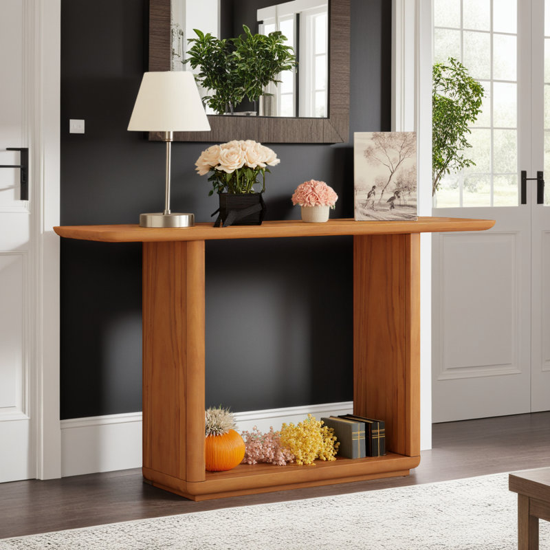 Console 59,8 po avec plateau en placage d'acacia et grand espace de présentation, Bois naturel
