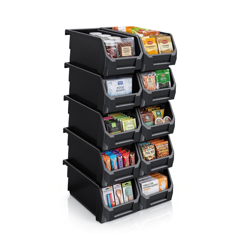 Sorbus 10 Pack Medium Open Front Stackable Kitchen Storage Bin – Pantry & Cabinet Organizer, Black