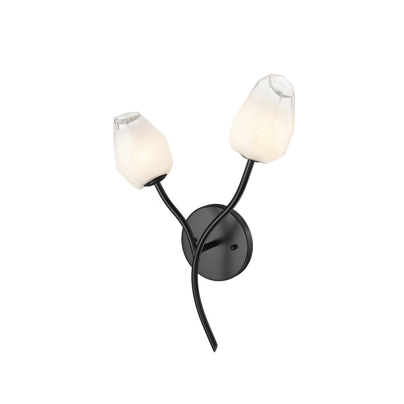 Applique murale 2 lumières en acier noir avec abat-jour en verre blanc, 20" H x 14.56" W x 6.5" D, Matte Black, 2