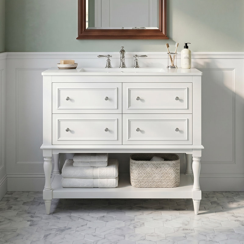 Ensemble de meuble-lavabo autoportant 36 po avec lavabo encastré en céramique 36 po blanc 4 tiroirs avec cadre en bois massif