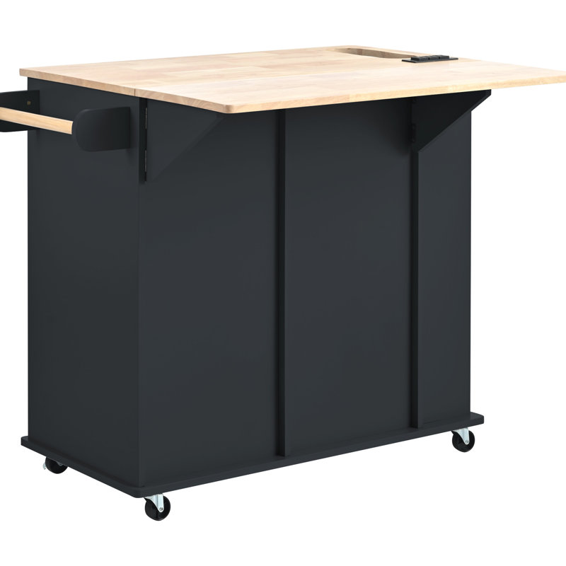 Kitchen Island With Power Outlet,Kitchen Storage Island With Drop Leaf And Rubber Wood,Open Storage And Wine Rack,5 Wheels,With Adjustable Storage For Home, Kitchen, And Dining Room