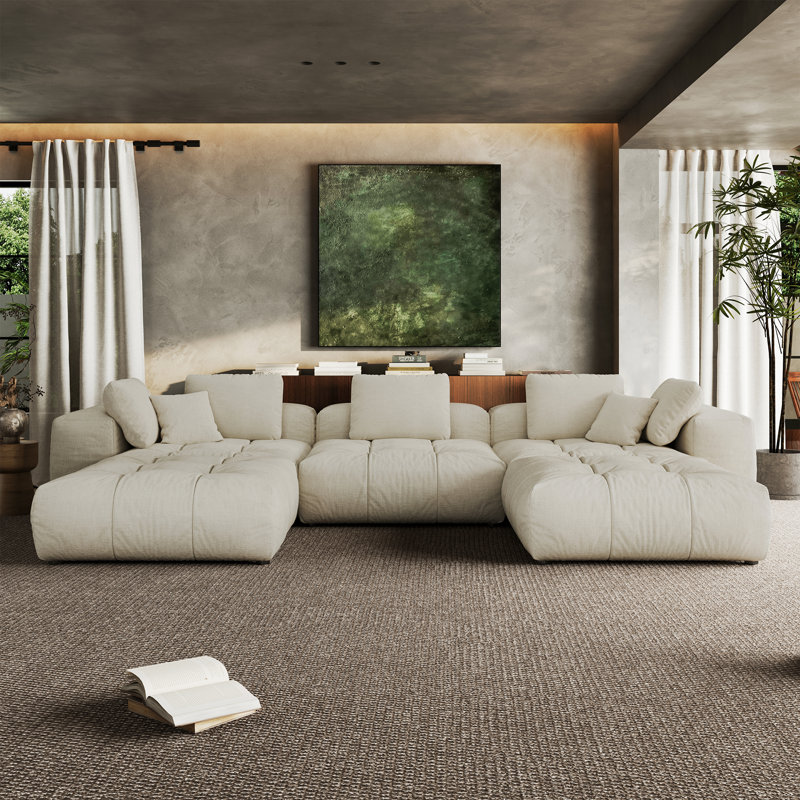  148'' Upholstered Sofa, 5-seater Oversize Cloud Sofa Couch with 2 Ottoman Modular Sectional Sofa Modern Deep Seat Sofa for Living Room Bedroom Apartment