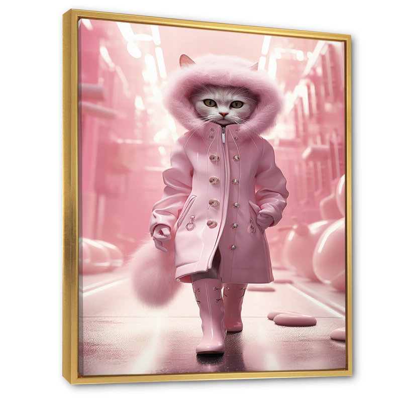 Chat blanc Fashionista en manteau rose, H 20 po x l 12 po, Cadre flottant doré