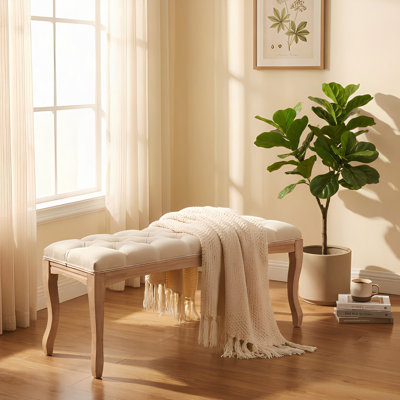 Banc de chambre à coucher, banc d'entrée touffeté de style français rétro, banc de bout tapissier 43,3 po avec pieds en bois patiné, siège repose-pieds en lin pour le salon, le vestibule, la salle à manger