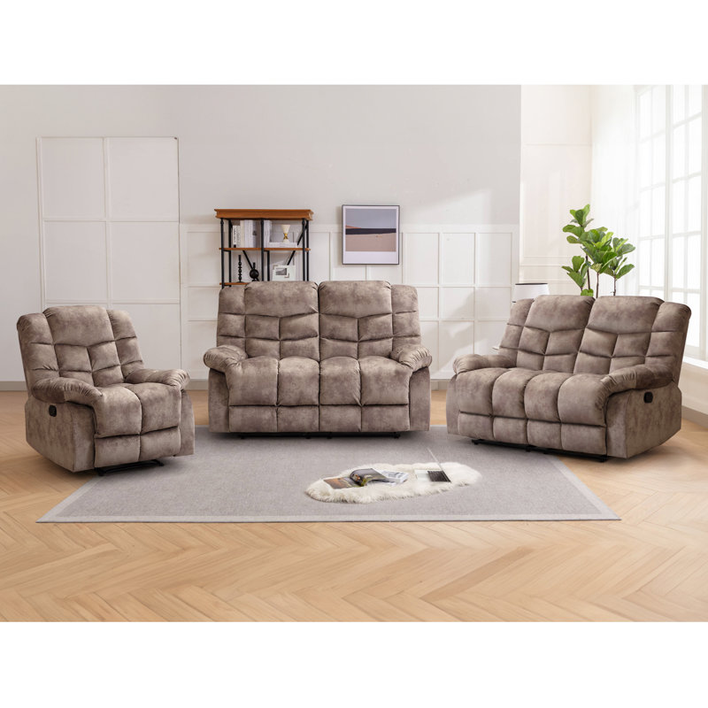 Ensemble de meubles de salon inclinables 3 pièces avec fauteuil inclinable et causeuse double, Brun