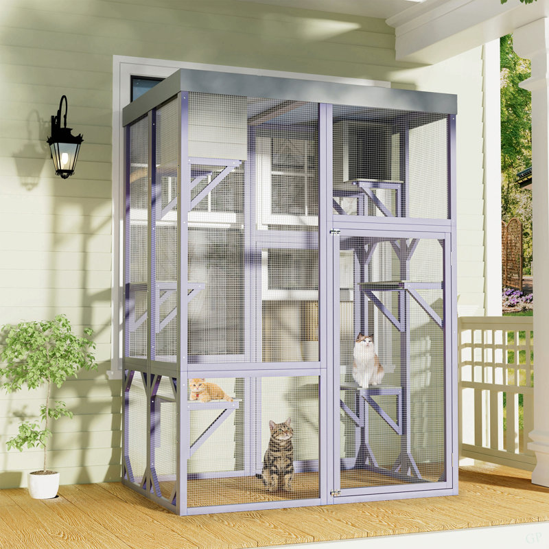Enceinte d'extérieur multifonctionnelle en bois pour chat, 4 plateformes et 2 maisons pour faire la sieste, 2 serrures robustes, conception de coin arrondi, cage intérieure spacieuse pour les chats