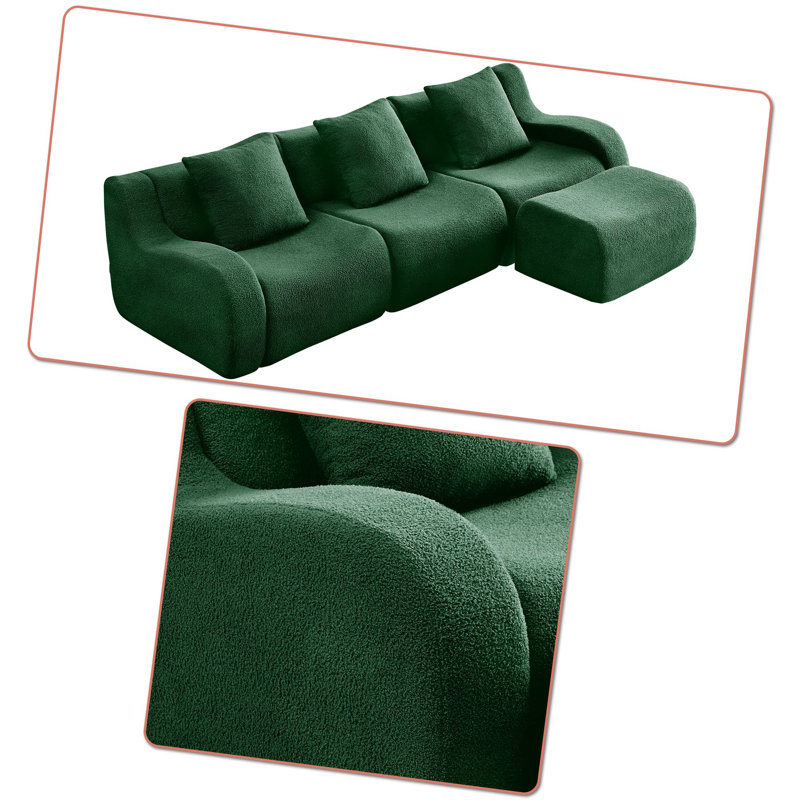 Canapé modulaire rembourré 3 places avec repose-pieds, Ours en peluche vert, H 35,43 po x l 115,33 po x P 65,73 po