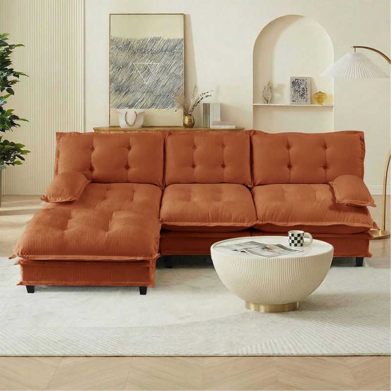 Canapé modulaire modulaire en forme de L de 107 po avec repose-pieds en chenille 3 places avec repose-pieds en treillis confortable, chambre et appartement, orange
