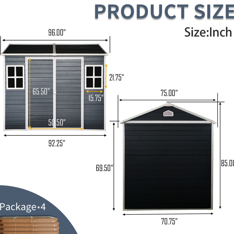 Remise imperméable en résine 8 x 6 pi - avec deux fenêtres, porte et plancher verrouillables pour la cour extérieure noire avec porte, rangement pour fenêtres