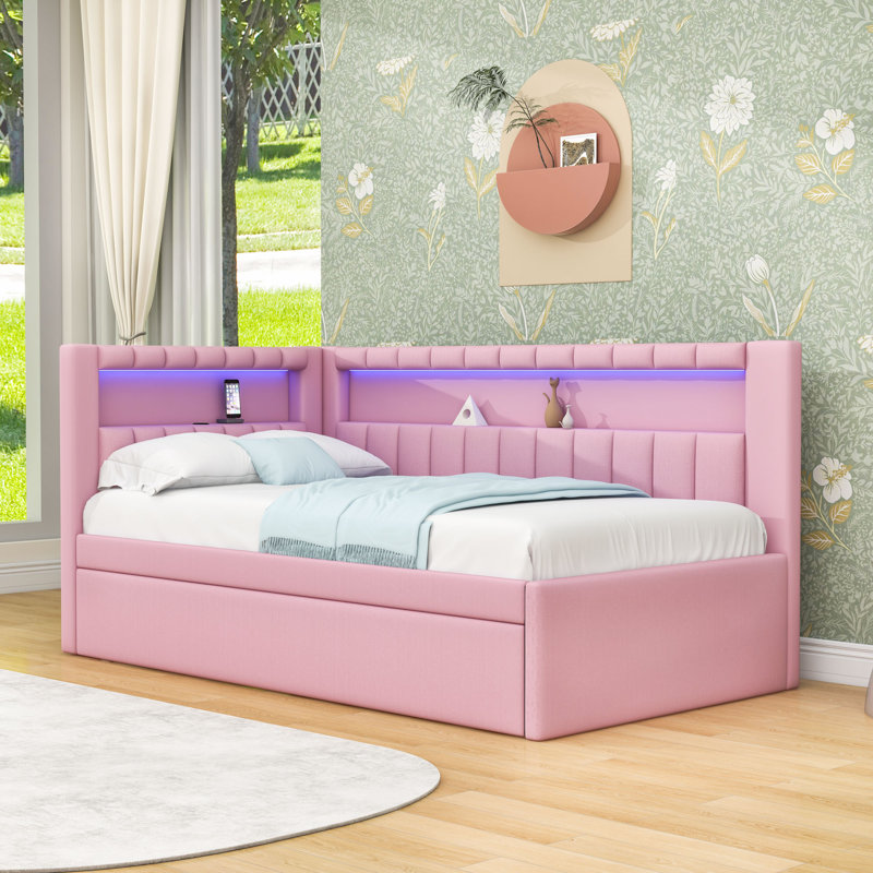 Lit simple en bois avec lit gigogne, USB et DEL, Rose