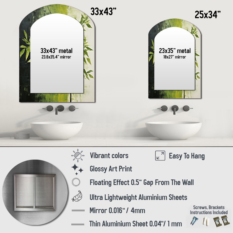 Green Ferm Simple Collage II - Leaves Arch Unique Wall Mirror, Traditional Asymmetrical Mirror, Printed Metal Art, 34" x 25"