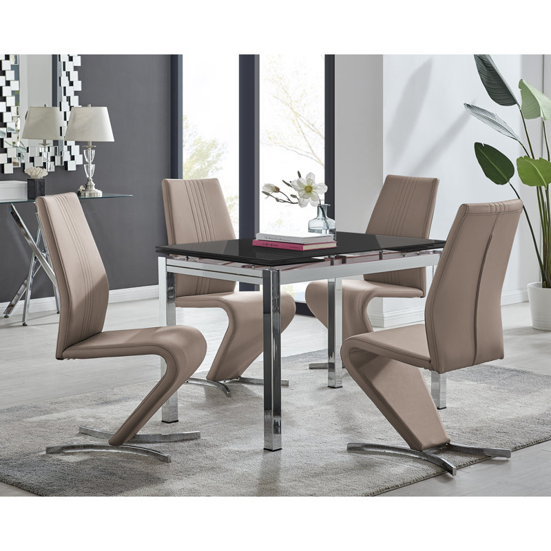 Tierra Modern Glass & Metal Extendable Dining Table Set & 4 Luxury Faux Leather Dining Chairs, Cappuccino/Chrome