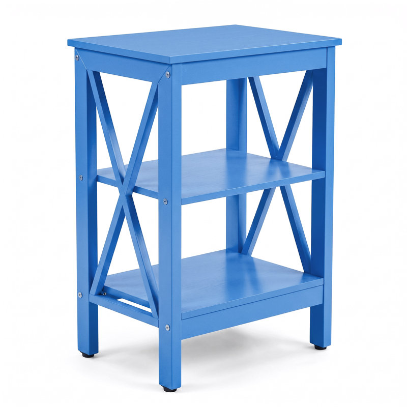 3-Tier Nightstand with Open Storage, Small Bedside Table with X-Side Frame, Modern Wood Accent Table, Dark Blue, Individual