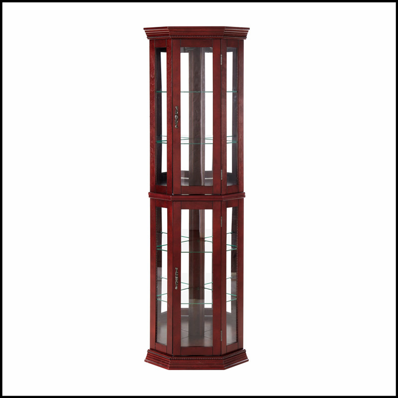 Vitrine de coin avec lumières, tablettes réglables en verre trempé et dossier en miroir pour une présentation élégante, Chêne