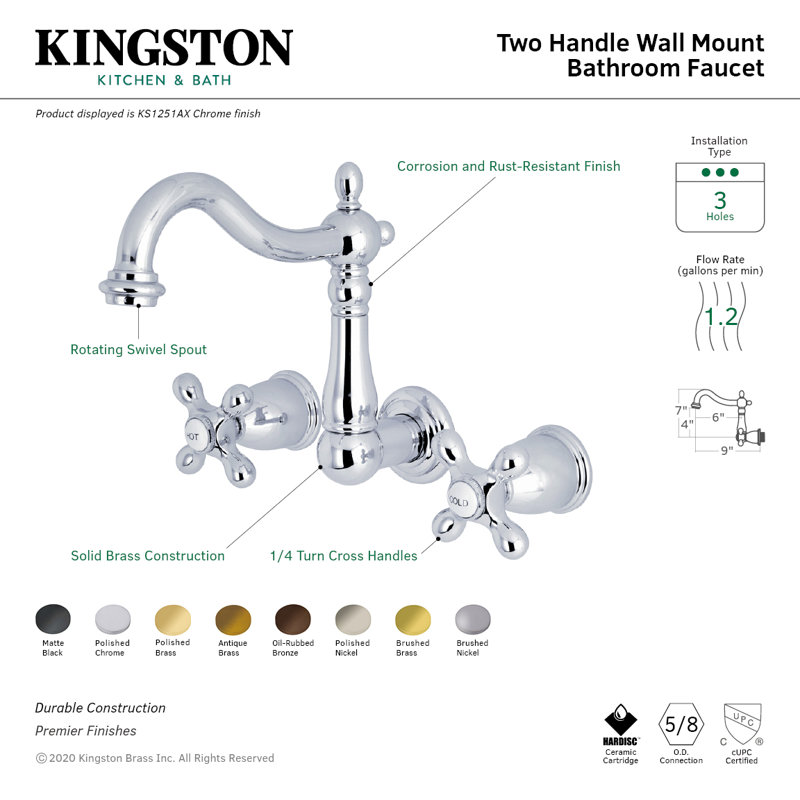 Kingston Brass Heritage Two-Handle 3-Hole Wall Mount Bathroom Faucet, Polished Chrome